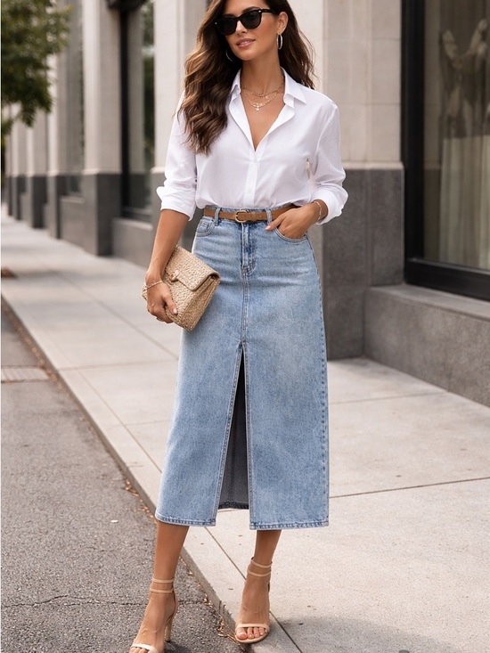 Reitmans Dresses & Skirts - Reitmans Light Blue Denim Midi Skirt with Front Slit